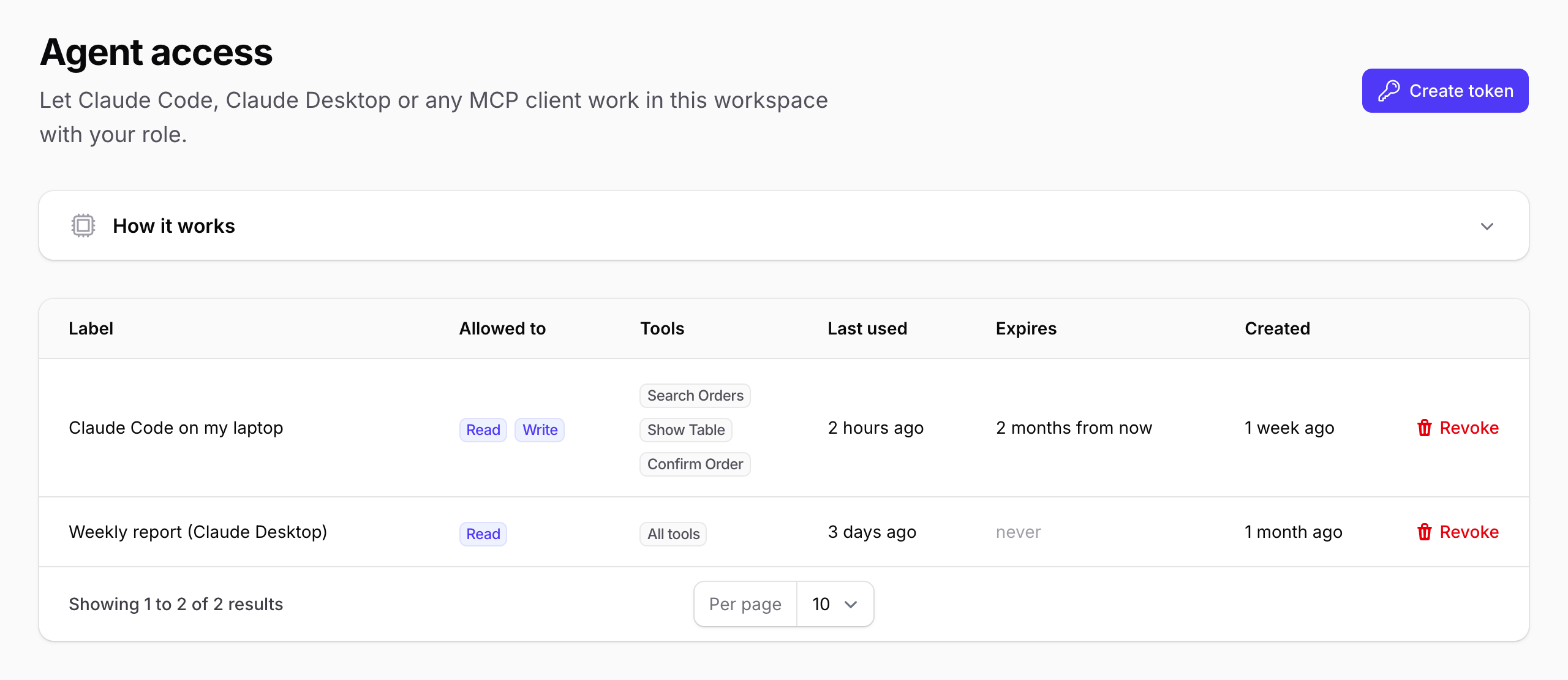 The Agent access page listing two tokens: one scoped to three tools and expiring, one read-only