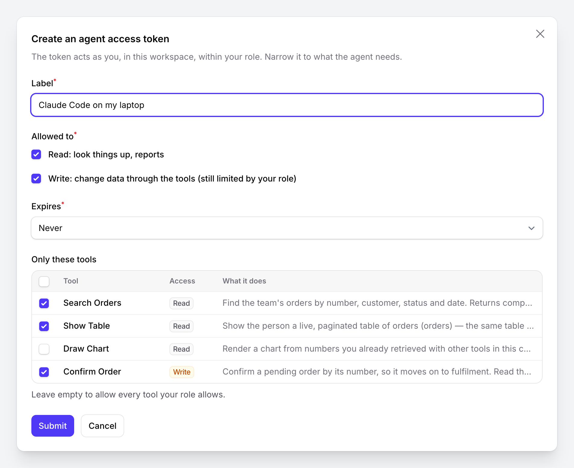 The Create token modal: read and write abilities, an expiry, and the tools table with a Read or Write badge per tool