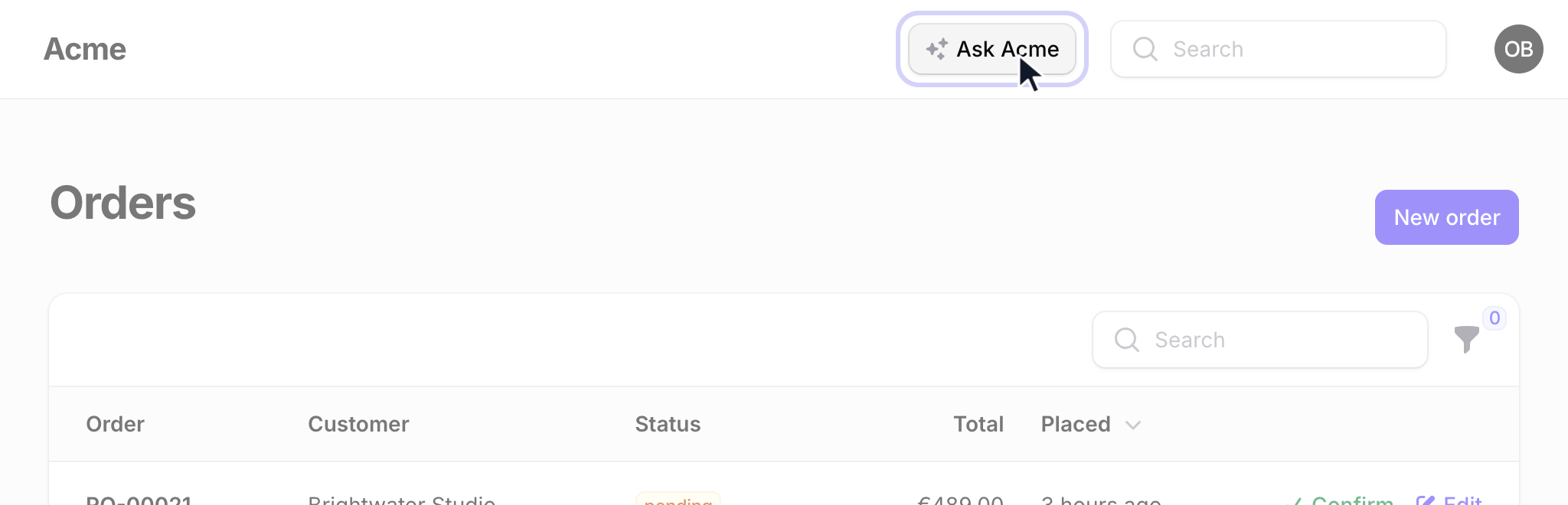 The Ask Acme button in the topbar of the Orders resource