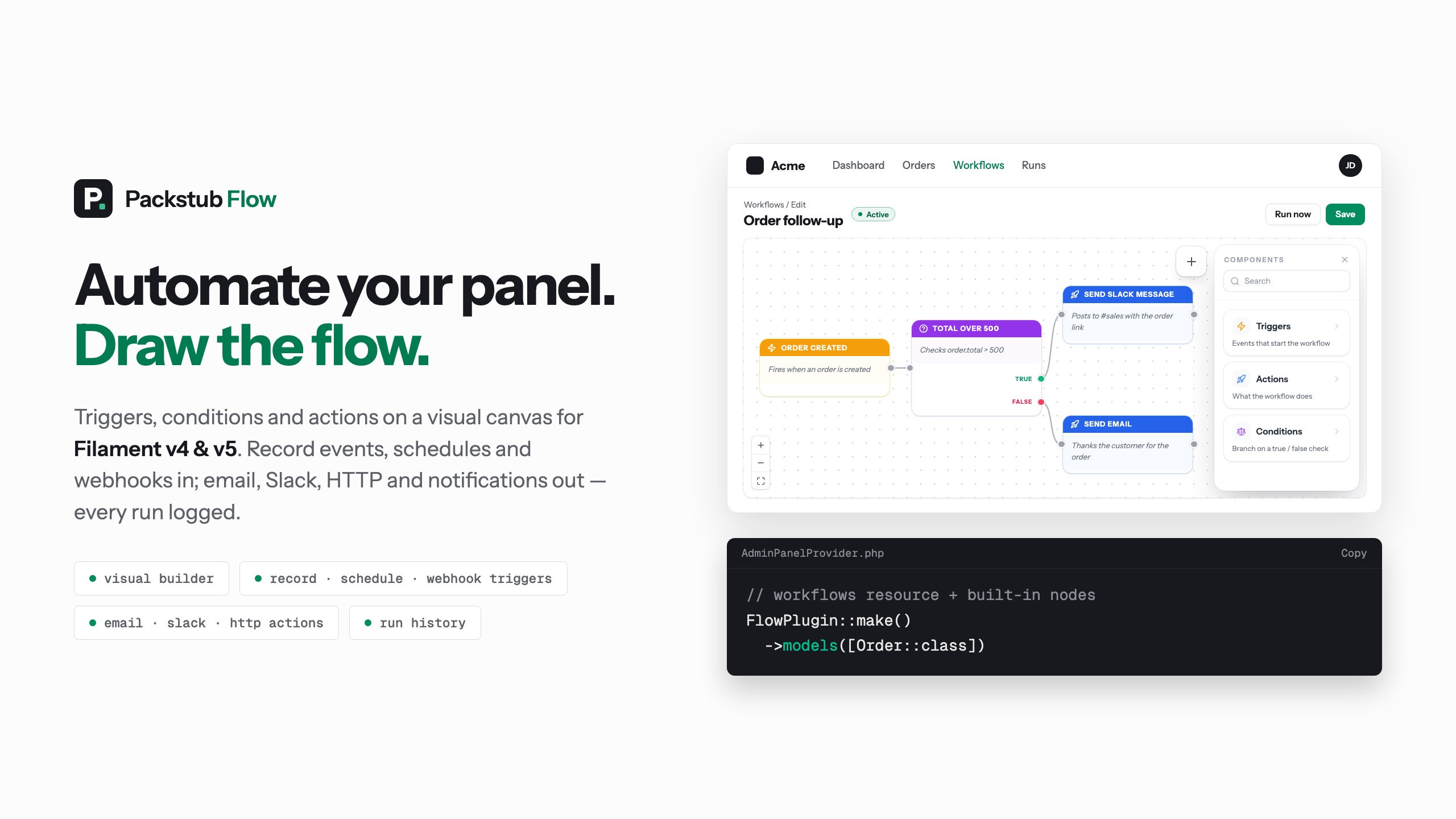 Filament Flow — visual workflow automation for Filament panels