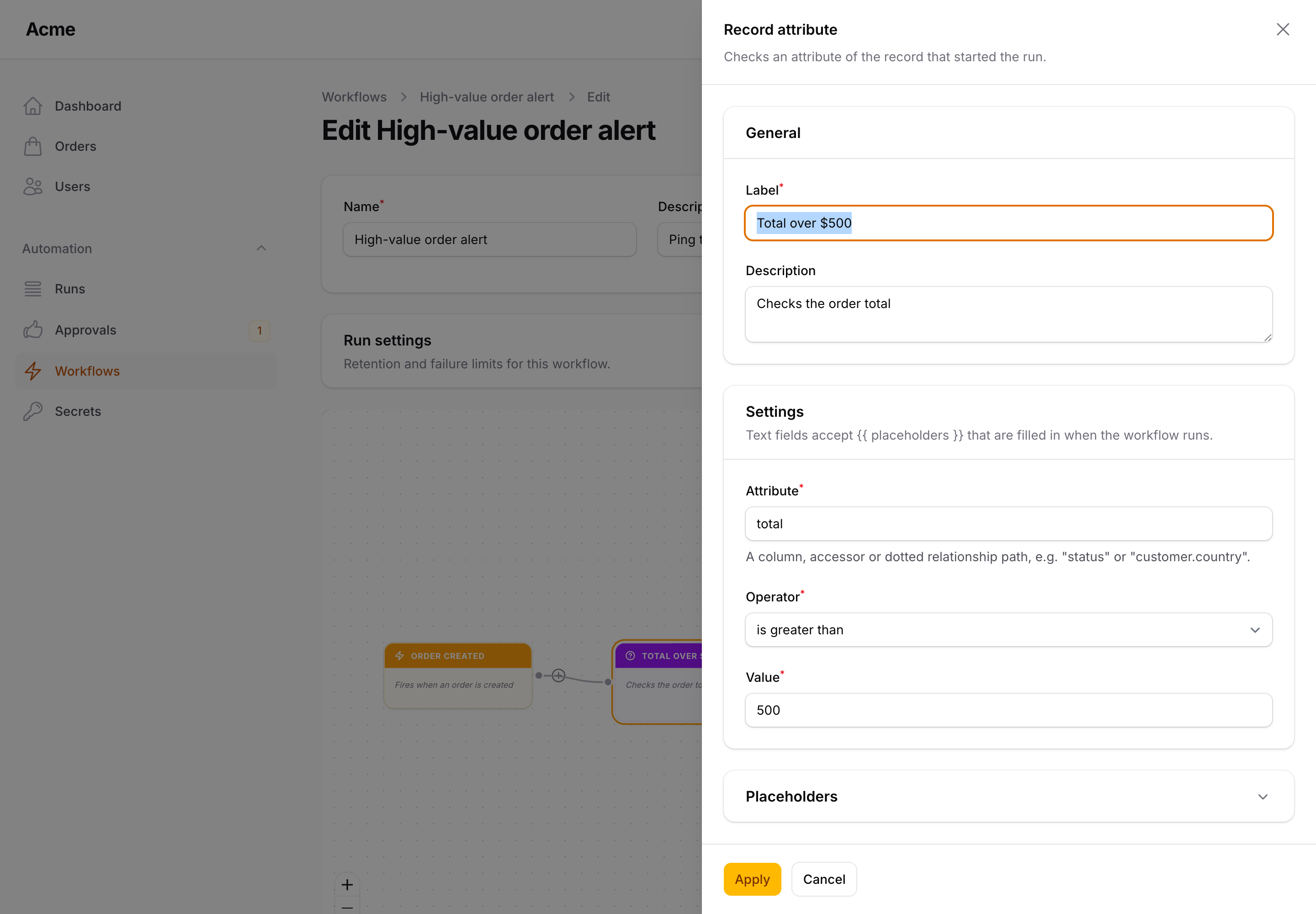 The settings slide-over for a Send email action