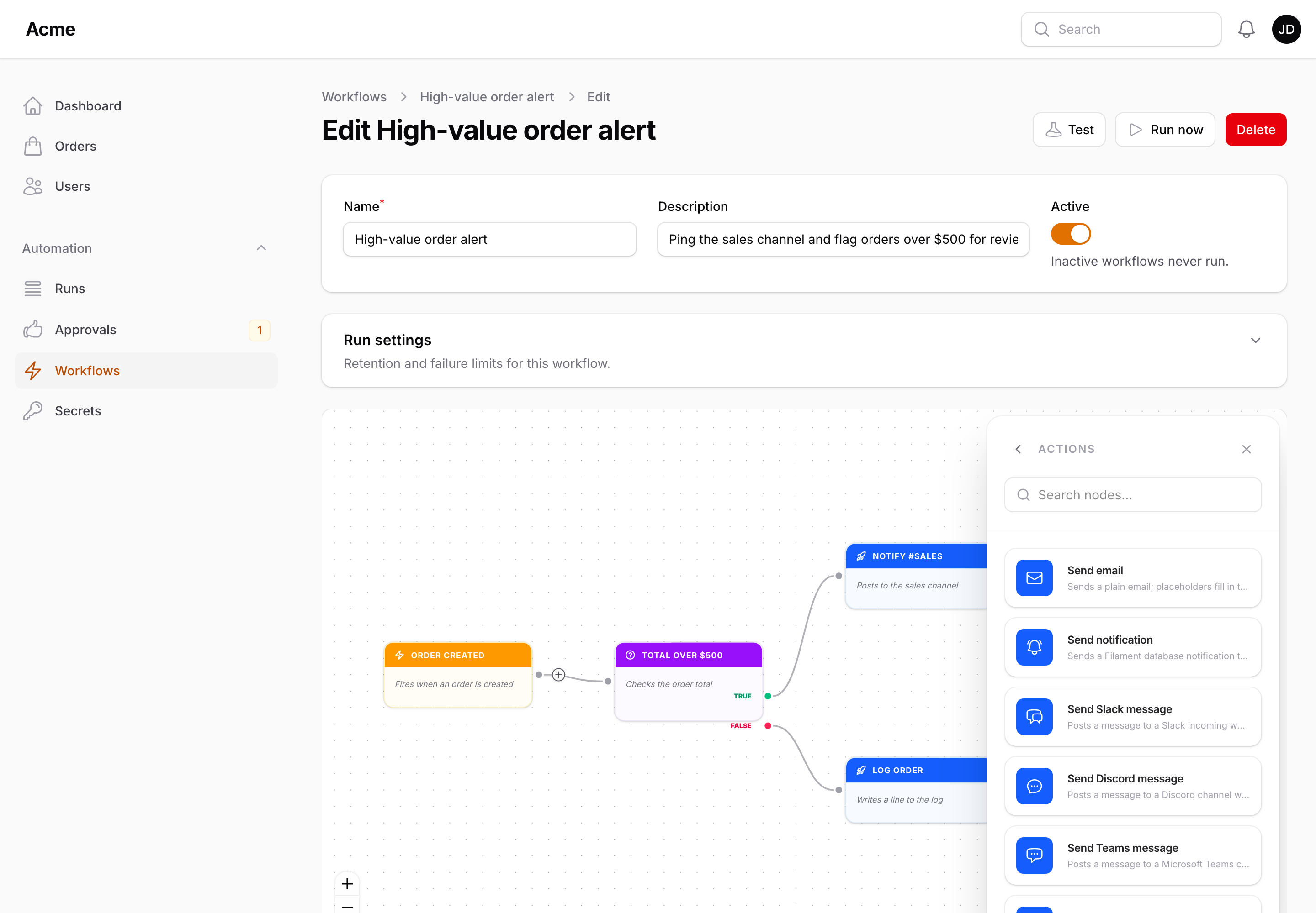 The add-node sidebar listing the available triggers