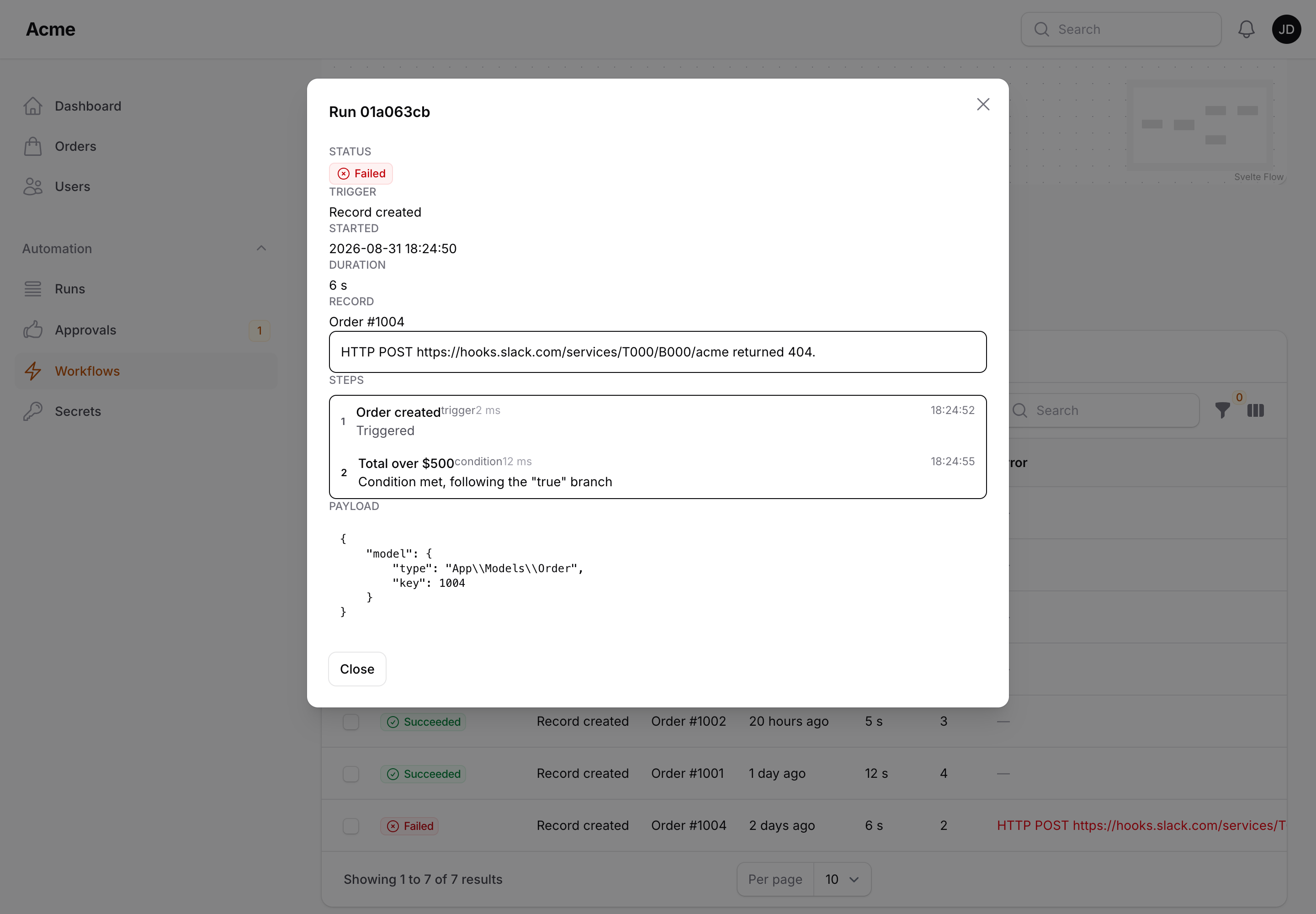 A run's steps and payload in the details modal