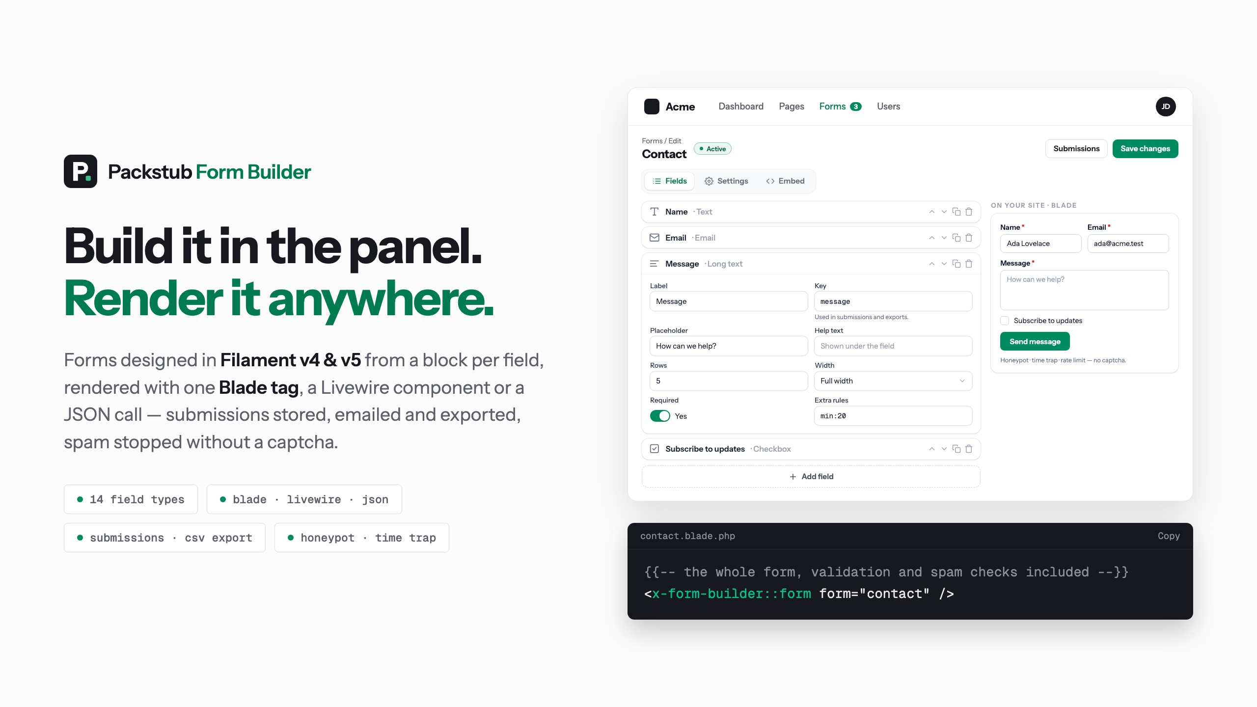 Filament Form Builder — build forms in the panel, render them anywhere