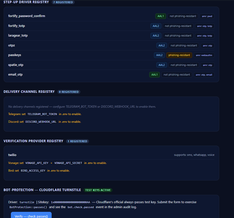 Extras hub: live step-up driver / delivery channel / verification provider registries, bot-protection and otpz step-up