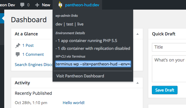 Pantheon HUD is present in the WordPress toolbar. On hover, it displays environmental details and helpful links.
