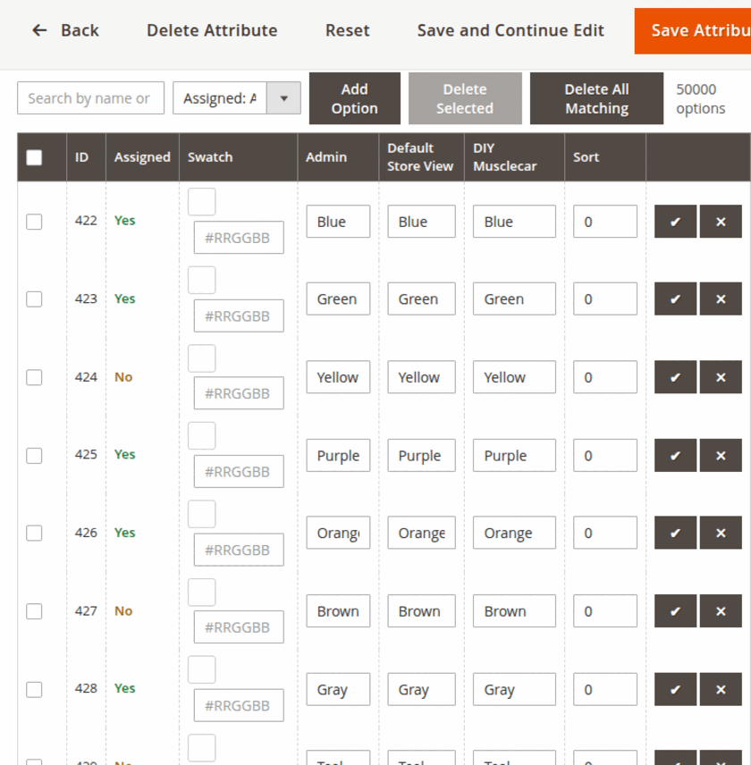 Paginated attribute-option manager on a 50,000-option attribute