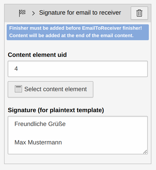 Signature text finisher for sender/receiver