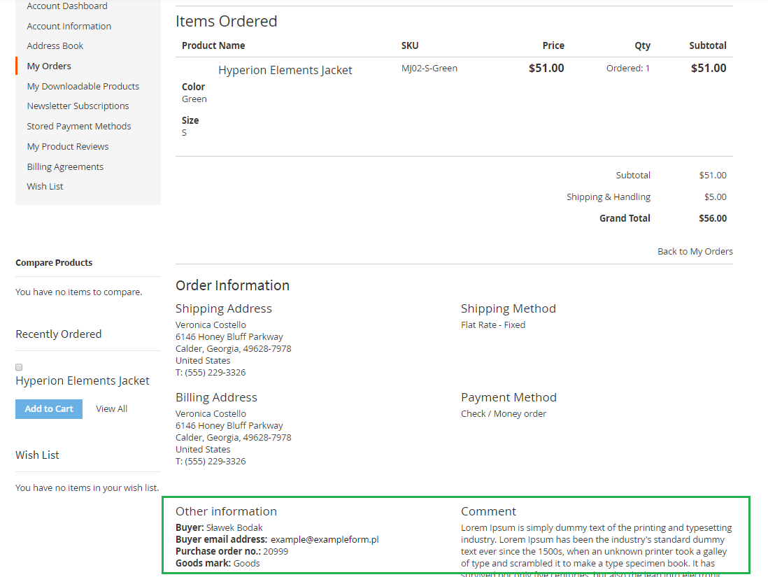 Customer account - Order history view