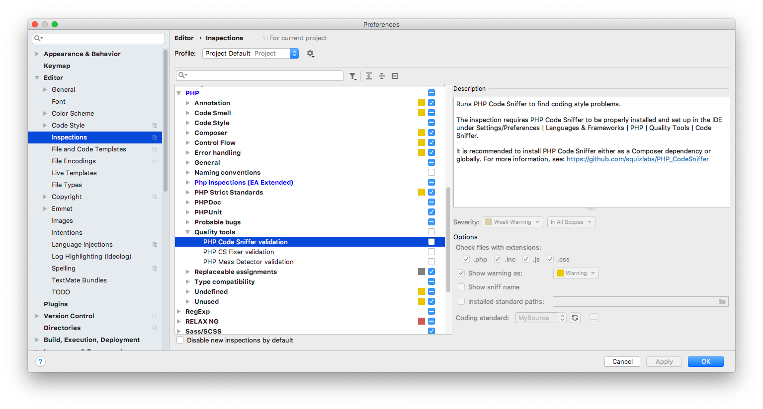 PHPStorm CodeSniffer insepctions