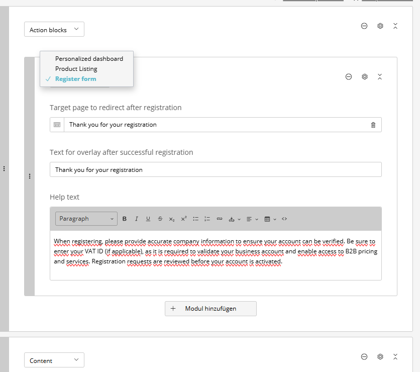 Example of action blocks embedded in page