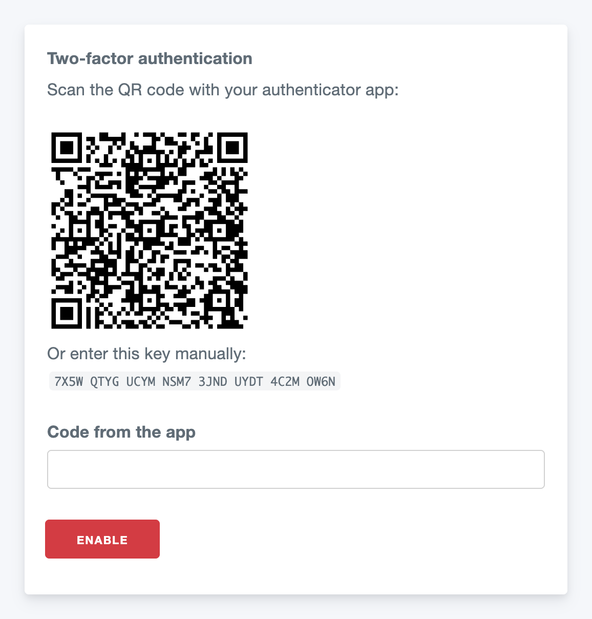 Setting up two-factor authentication: QR code and key for the authenticator app