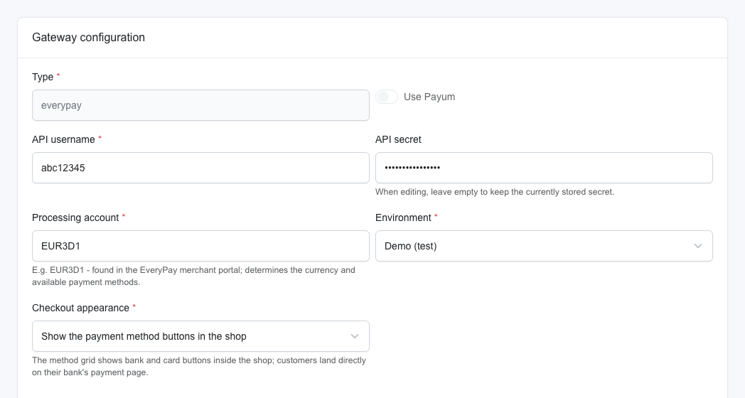 EveryPay gateway configuration form