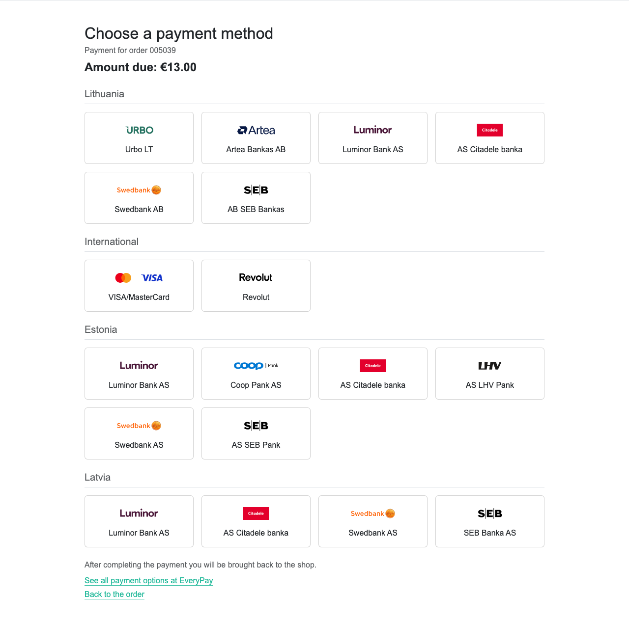 In-shop payment method grid