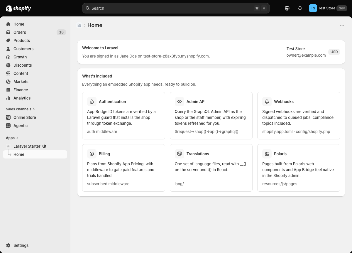 The Laravel Shopify home page inside the Shopify admin
