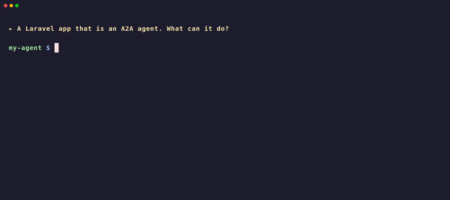 The Laravel starter's agent answering the official A2A CLI: its Agent Card, a streamed conversion, and a multi-turn task that asks for the missing unit