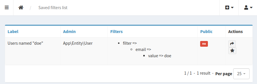 Saved filters admin list