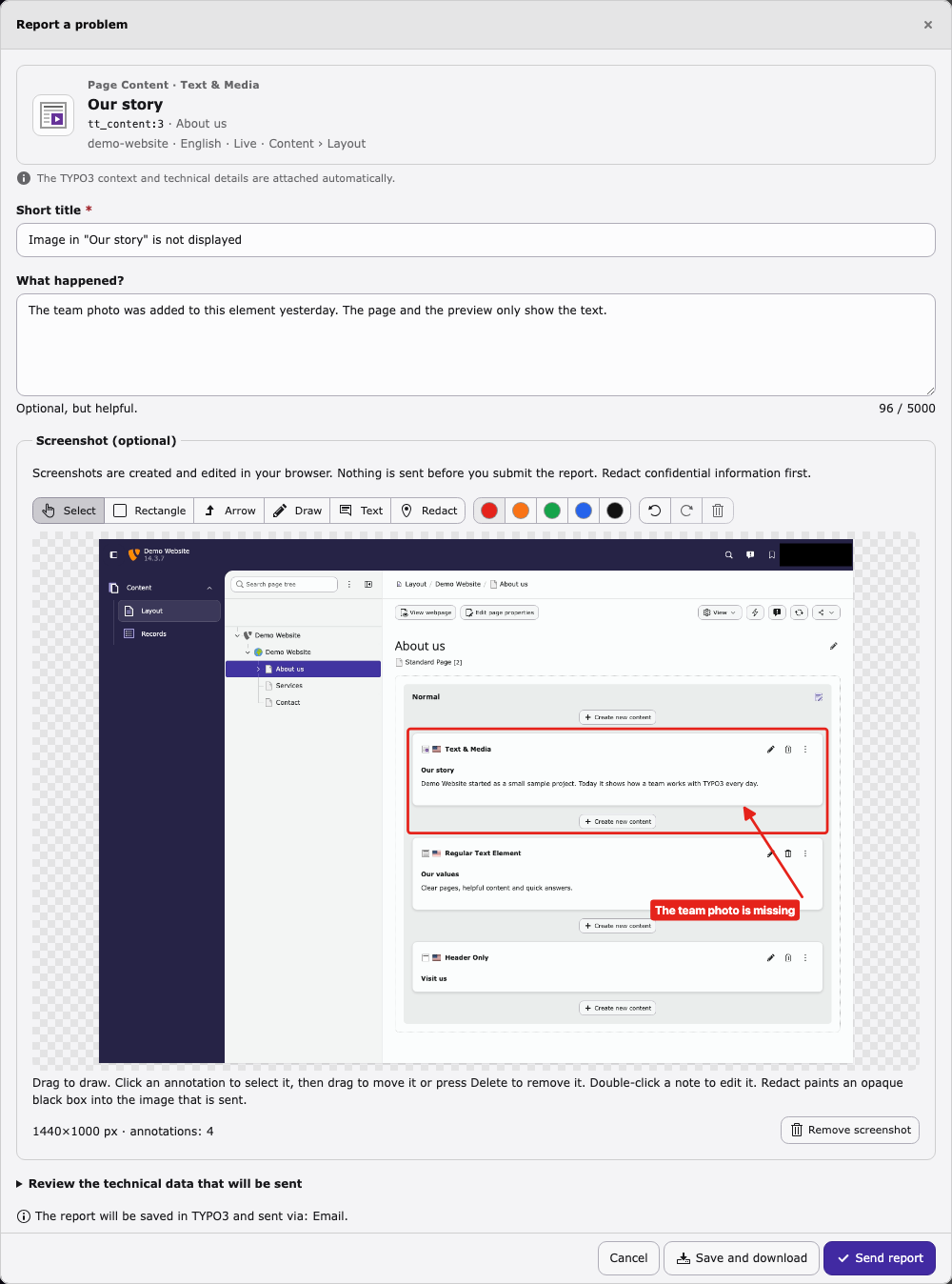 The report dialog: the detected content element "Our story" with page, site, language, workspace and module, and an annotated screenshot with a redacted area