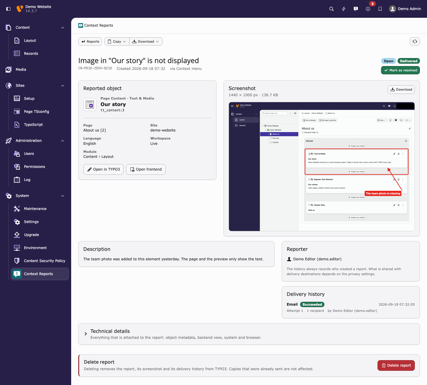 A saved report in System › Context Reports: the reported object, the screenshot, the description, the reporter and the delivery history, with Copy and Download actions