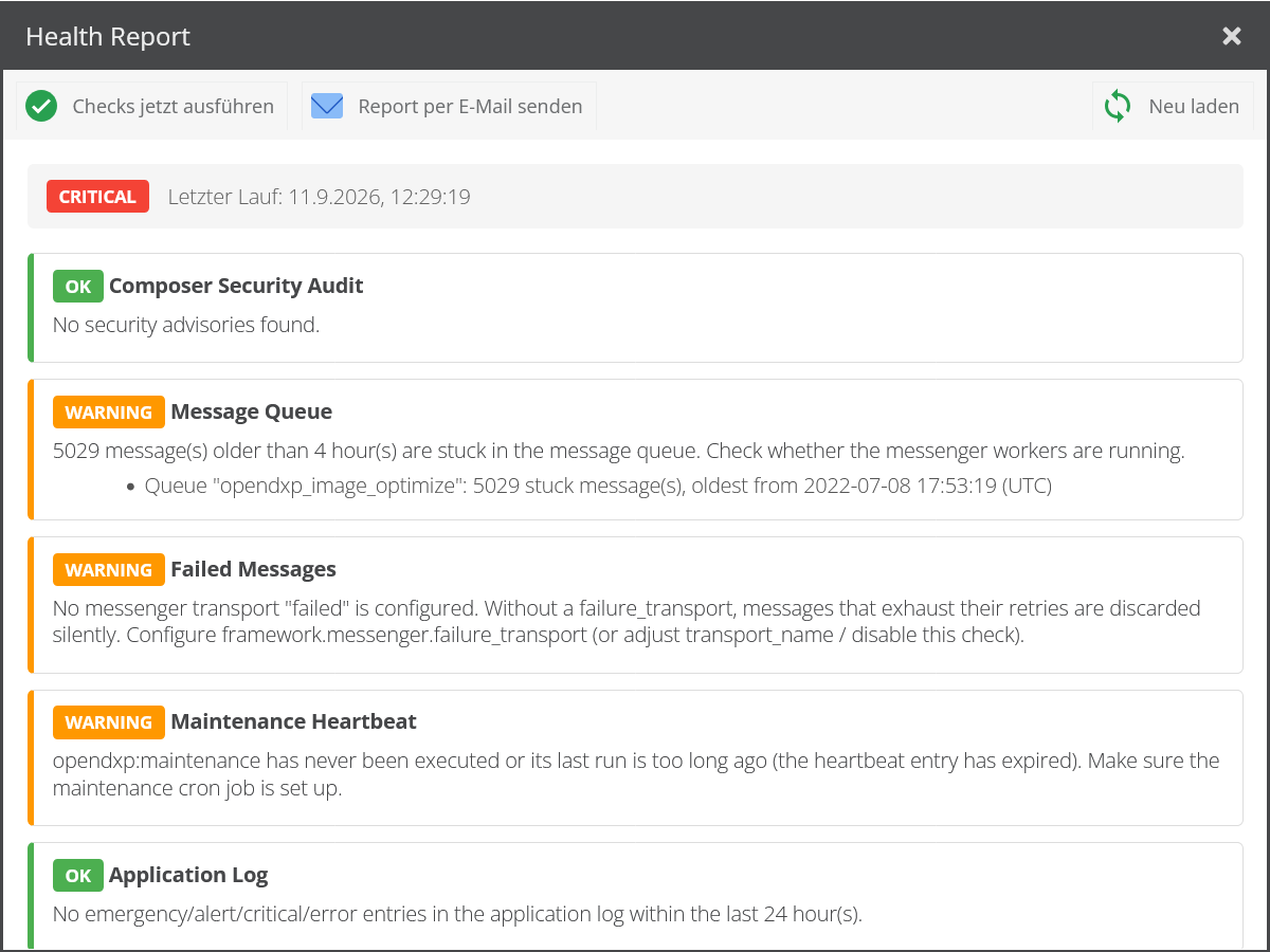 Health Report window in the OpenDXP admin UI, showing the overall status and the first checks