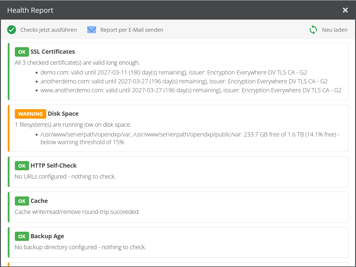 SSL certificates, disk space, HTTP self-check, cache and backup age checks