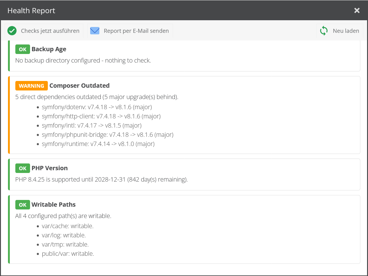 Composer outdated, PHP version and writable paths checks