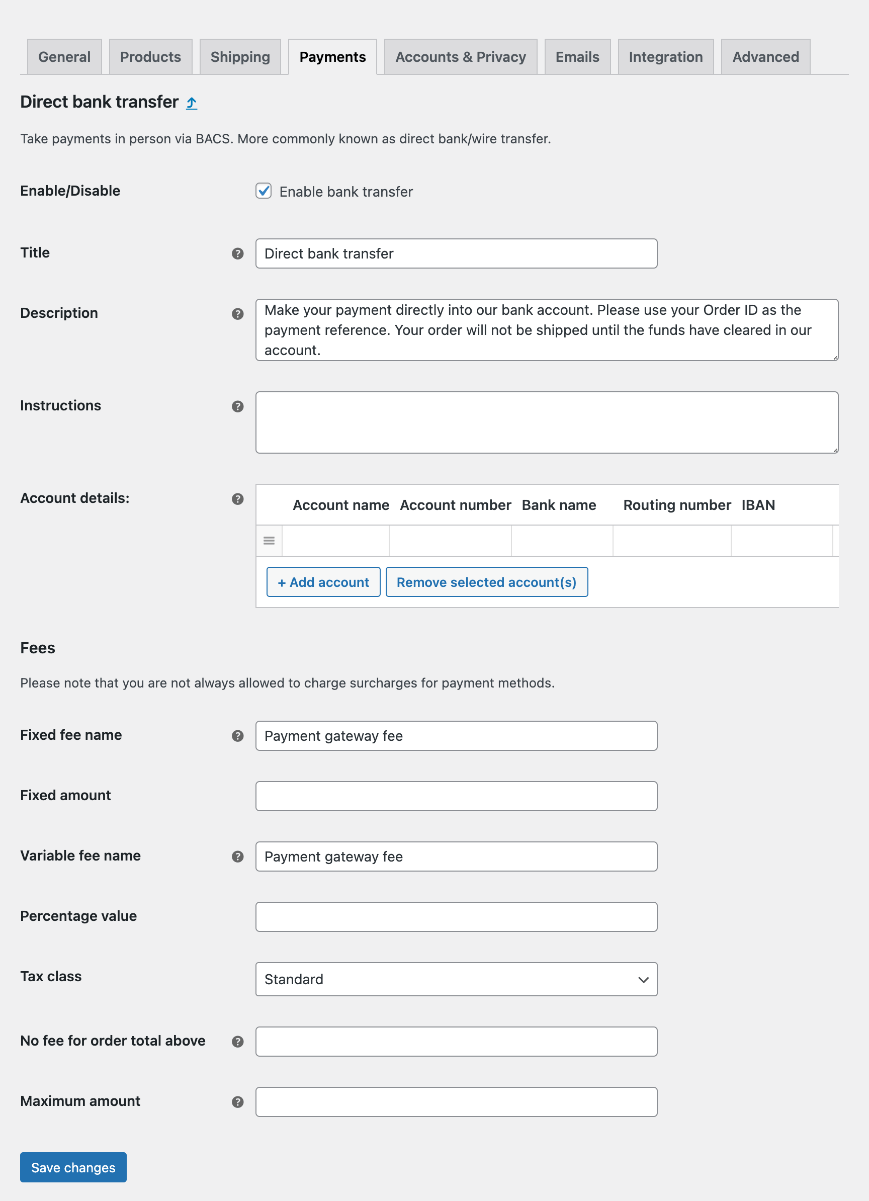 Screenshot of the WooCommerce direct bank transfer payment method settings page in the WordPress admin dashboard with the extra fees settings.