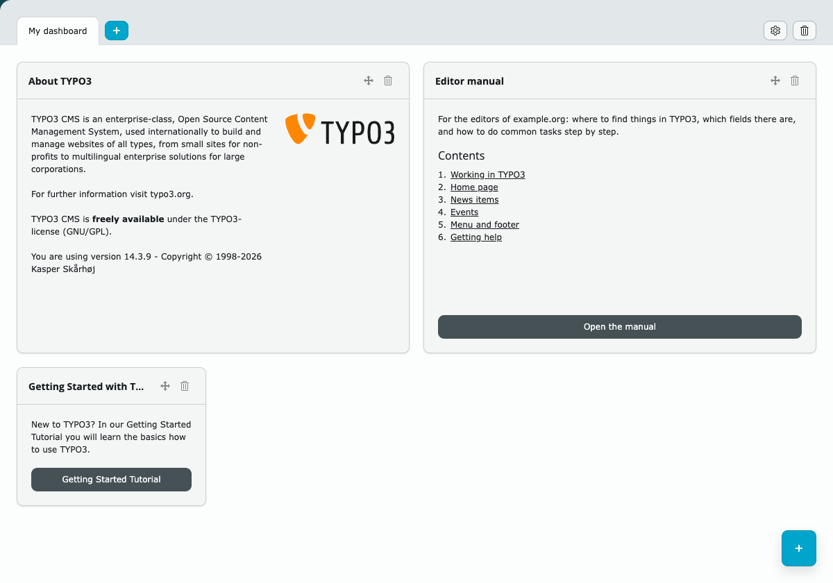 Dashboard with the widget "Editor manual": an introduction, the numbered chapters and the button "Open the manual"