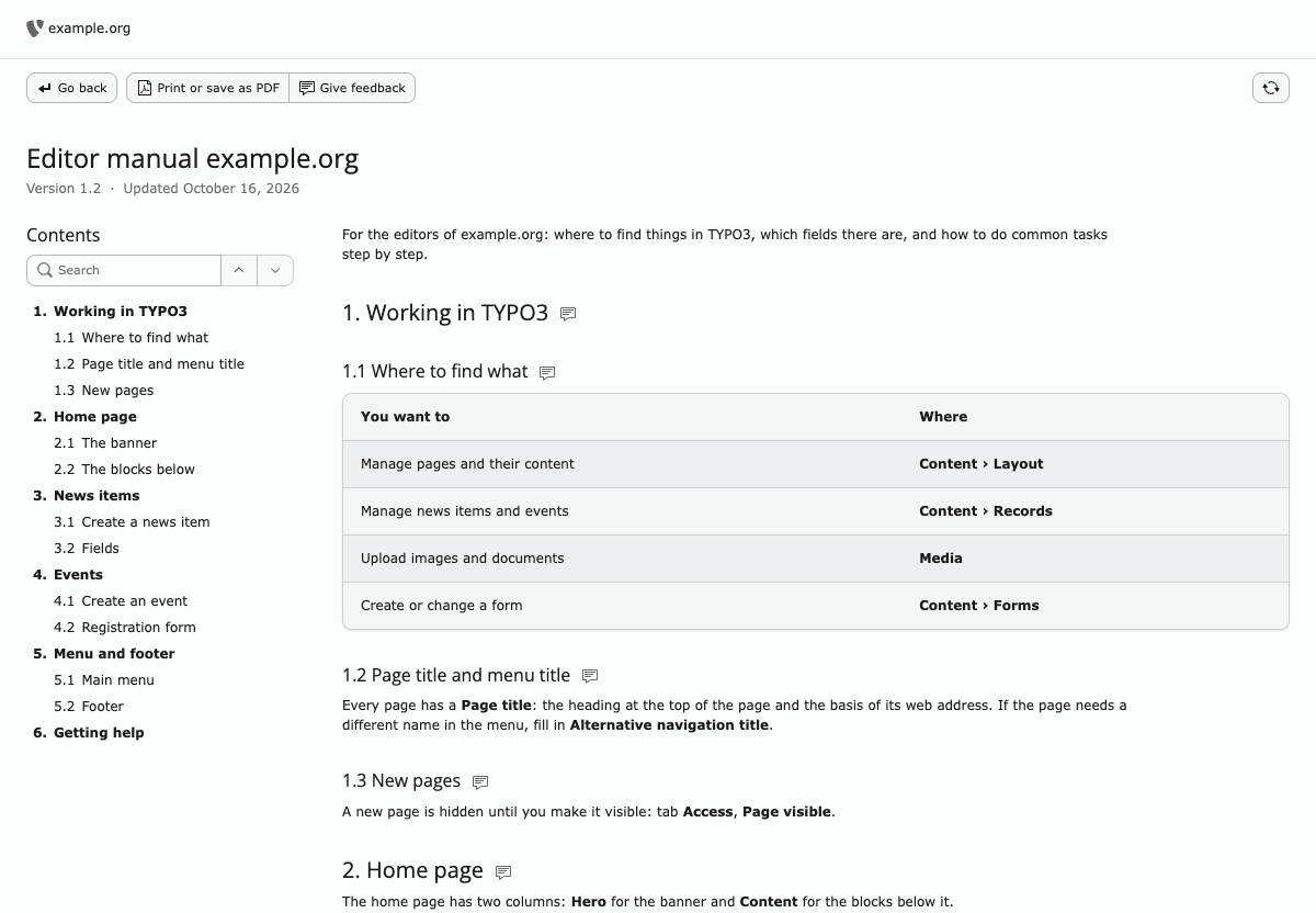 Full view: buttons "Go back", "Print or save as PDF" and "Give feedback", the title with "Version 1.2 · Updated October 16, 2026", the table of contents with a search field and arrow buttons, and a feedback icon next to each heading