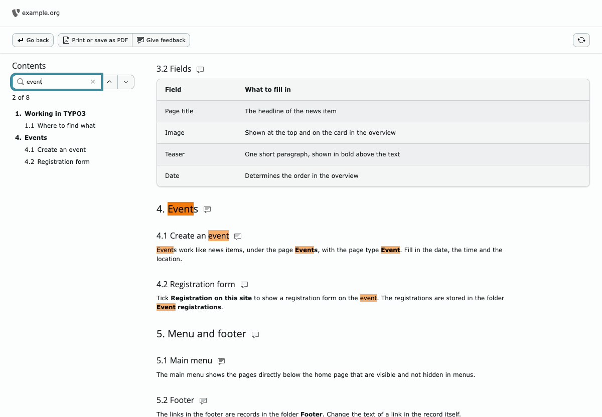 The search field with "event", the arrow buttons and the counter "2 of 8": five chapters and sections are left in the table of contents, the matches in the text are highlighted in orange, the current one in "4. Events" darker