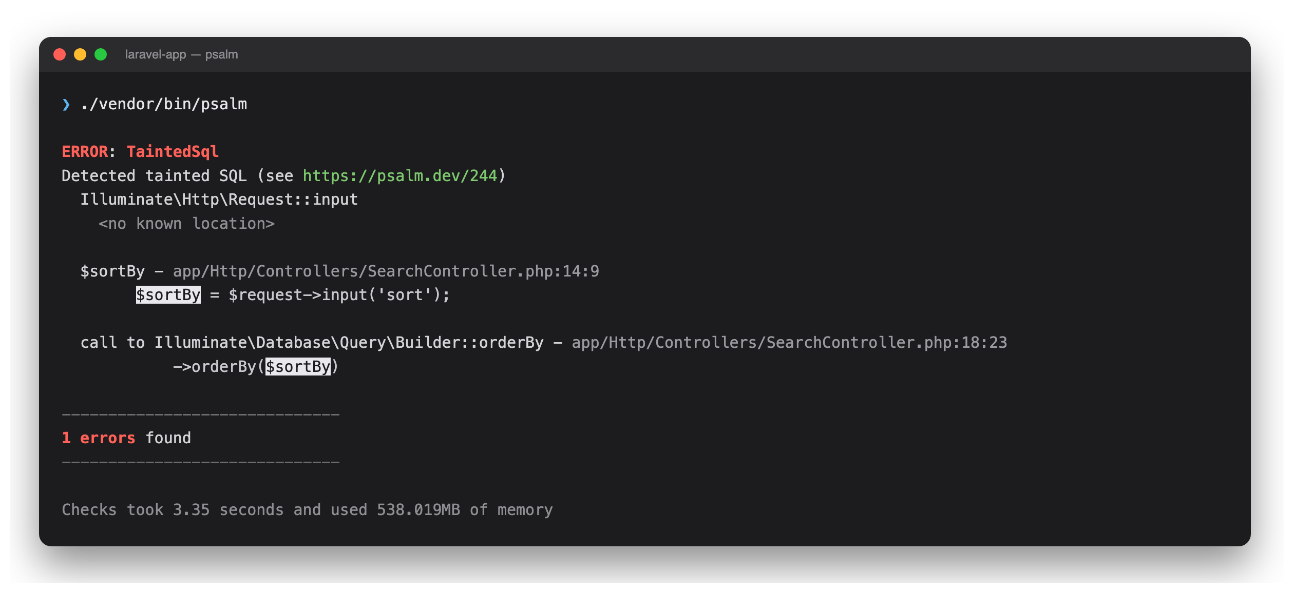 Psalm reporting a tainted SQL finding, tracing $sortBy from Request::input() into orderBy()