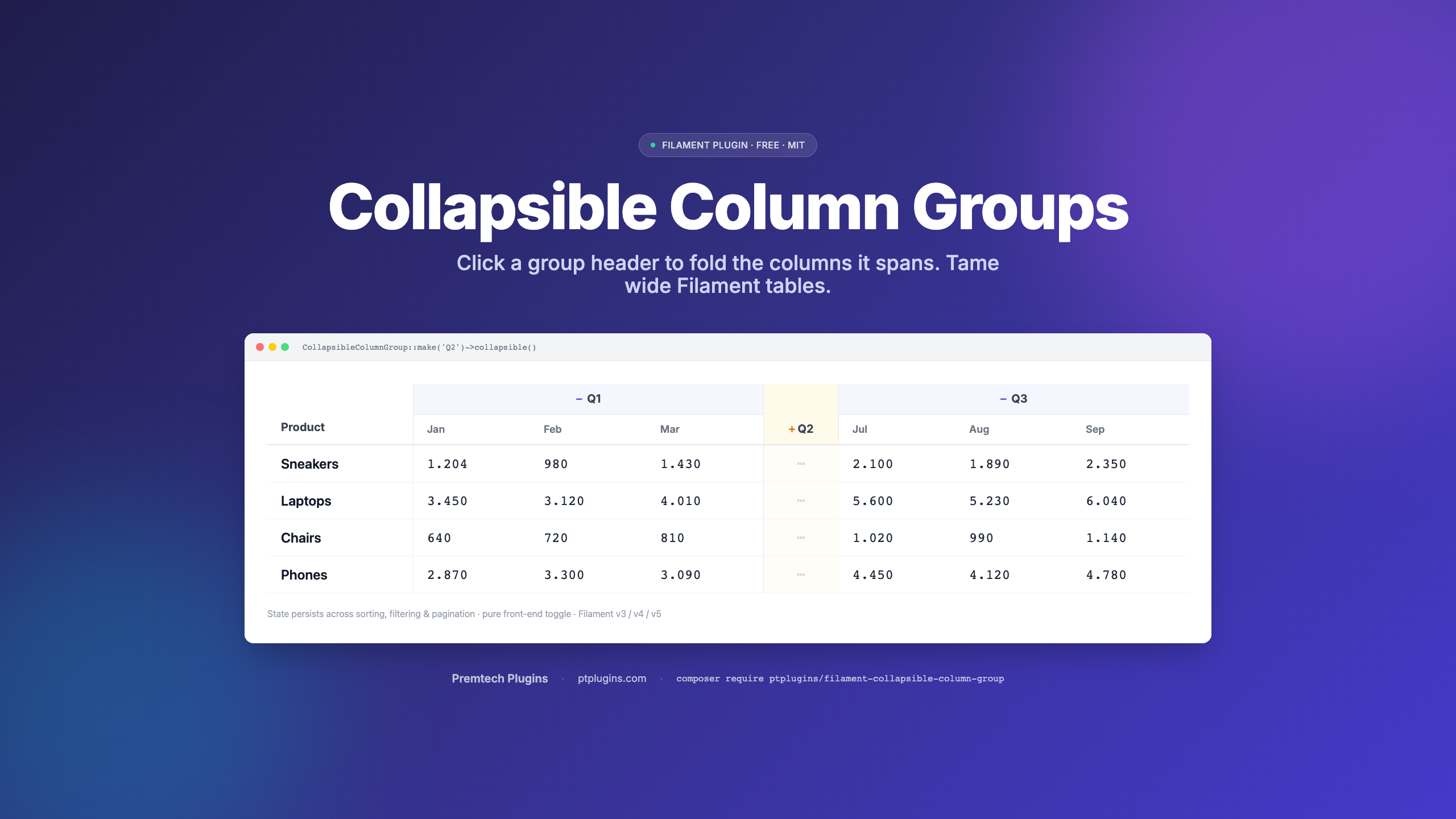 Filament Collapsible Column Group — fold the columns a group header spans into a thin placeholder