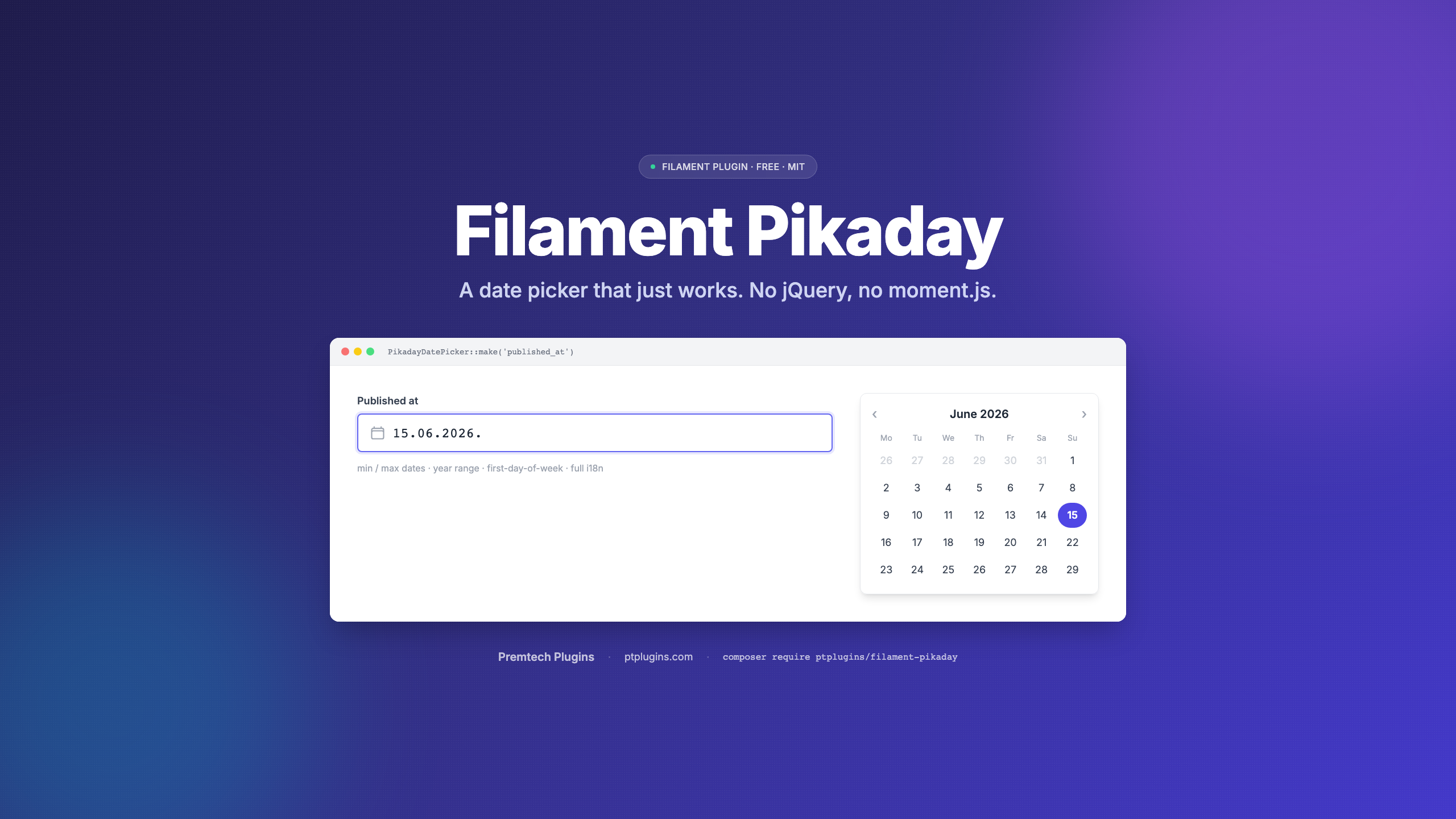 Filament Pikaday — lightweight date picker field for a Filament form