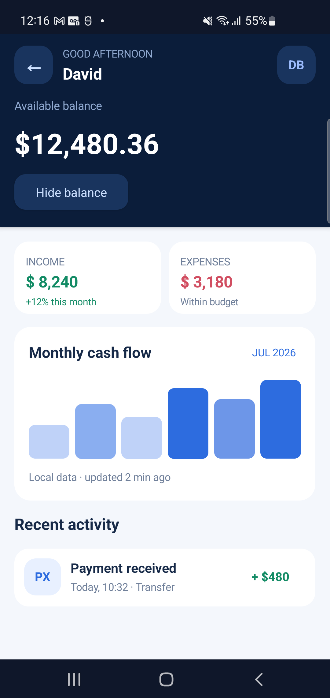Finance dashboard built with PAM Native