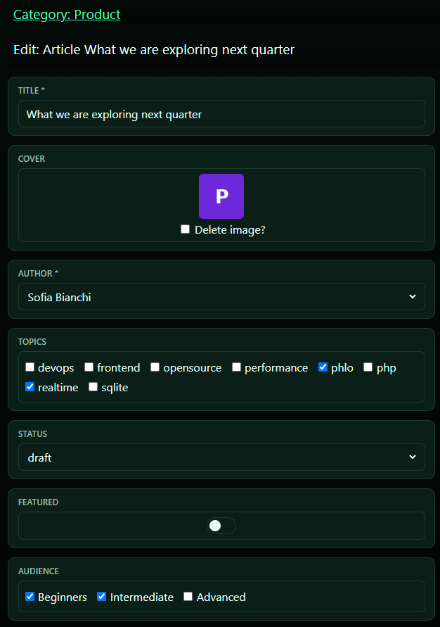 The generated edit form: every field rendered and validated from the schema