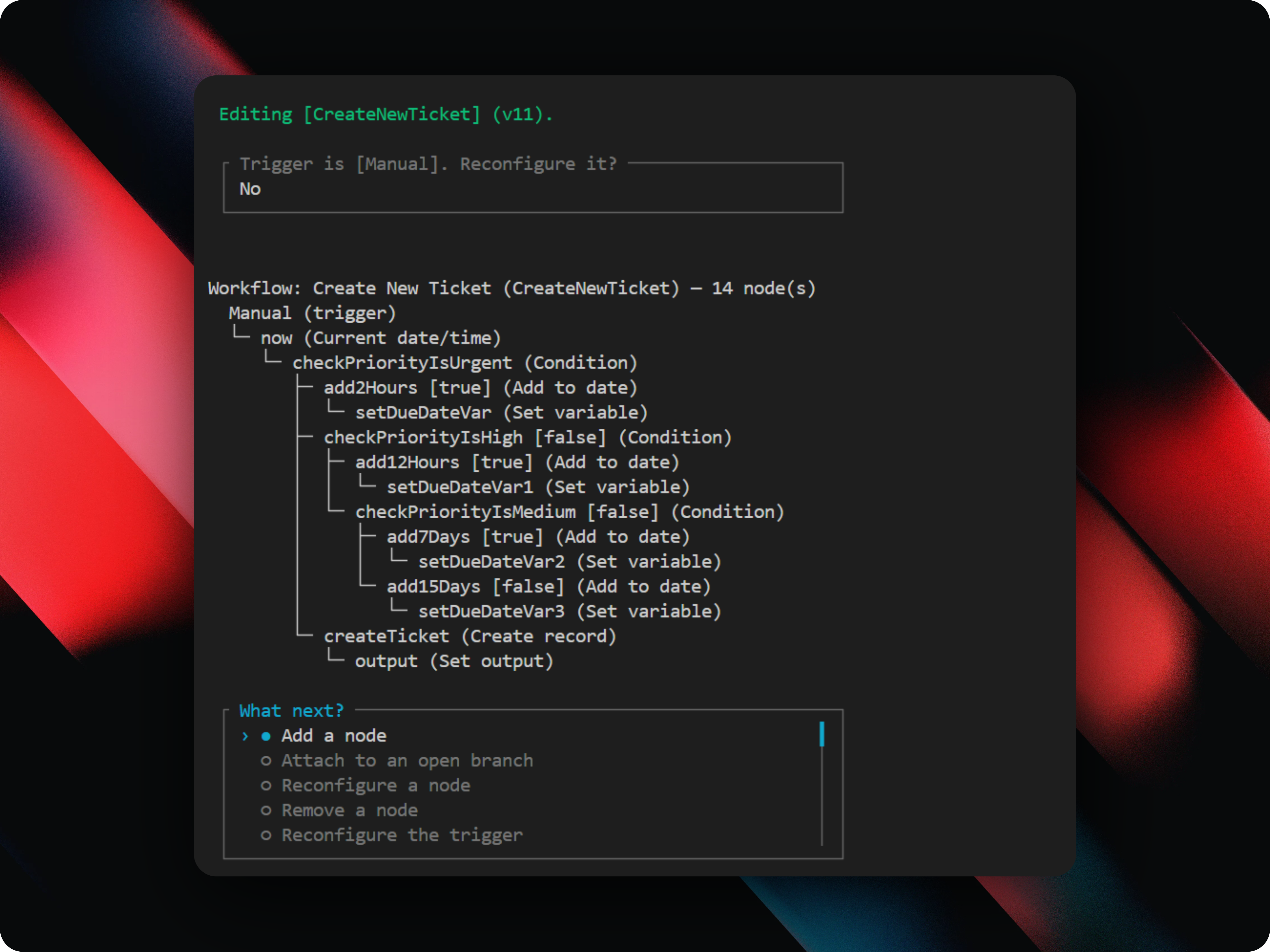php artisan workflow:build session showing a saved workflow's summary tree