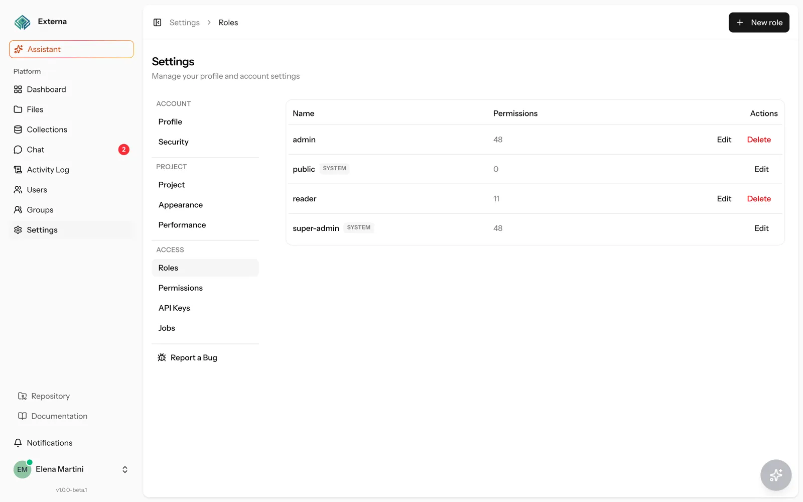 Roles settings matrix