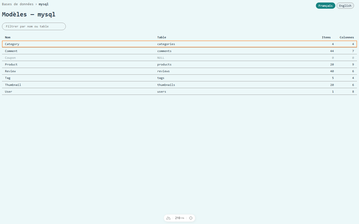 Liste des modèles d'une connexion