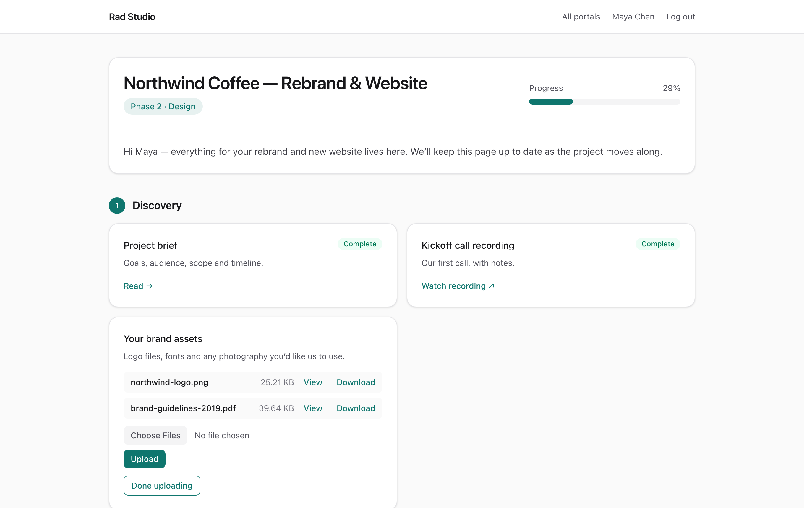 A client portal with phases, files, a moodboard, approvals and messages