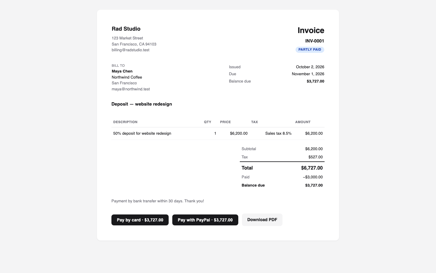 The client's invoice page with payment buttons
