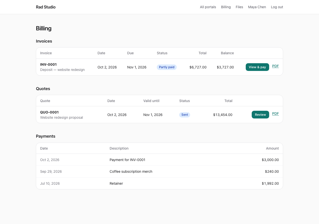 Client portal billing
