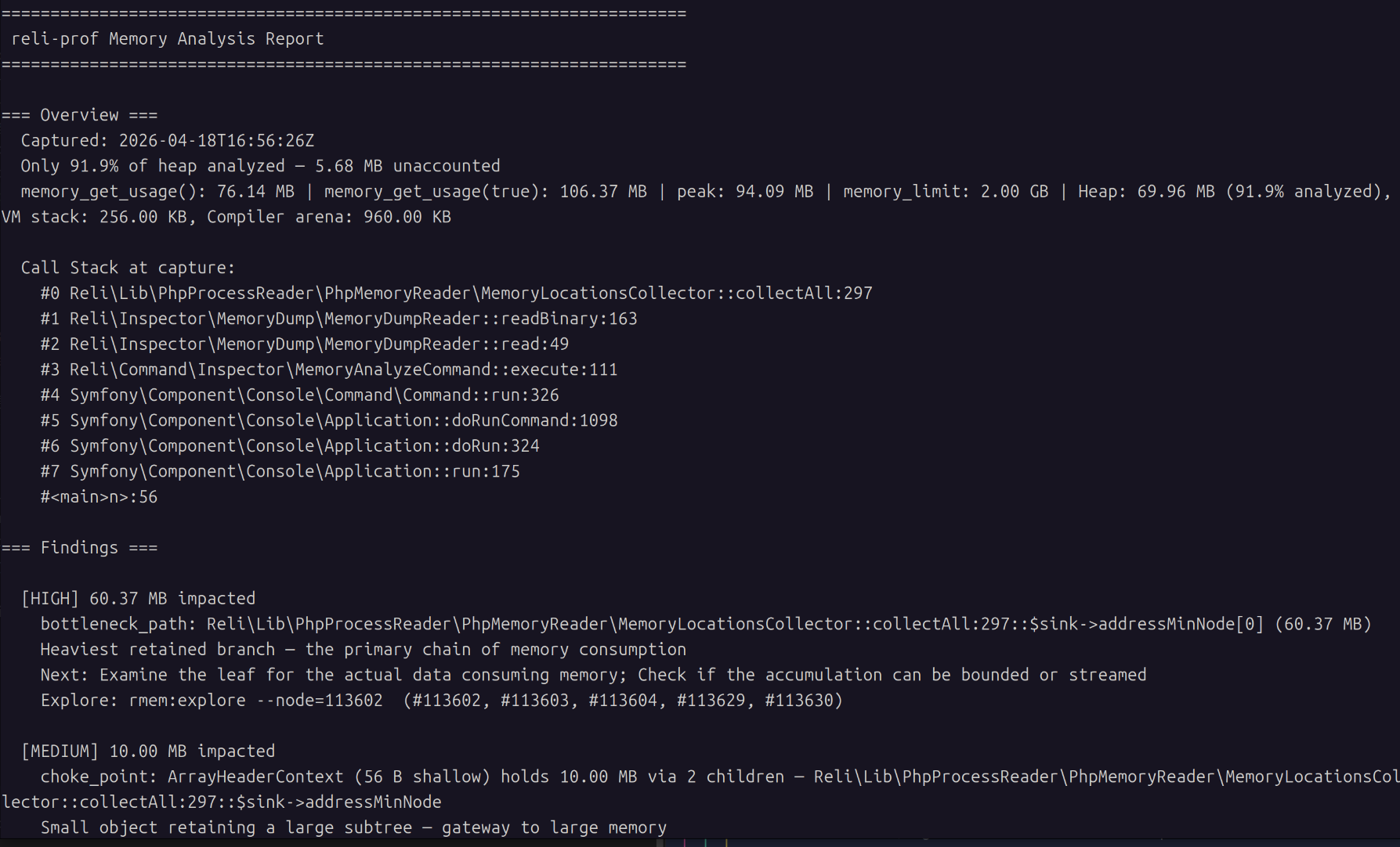 inspector:memory:report — findings and tables