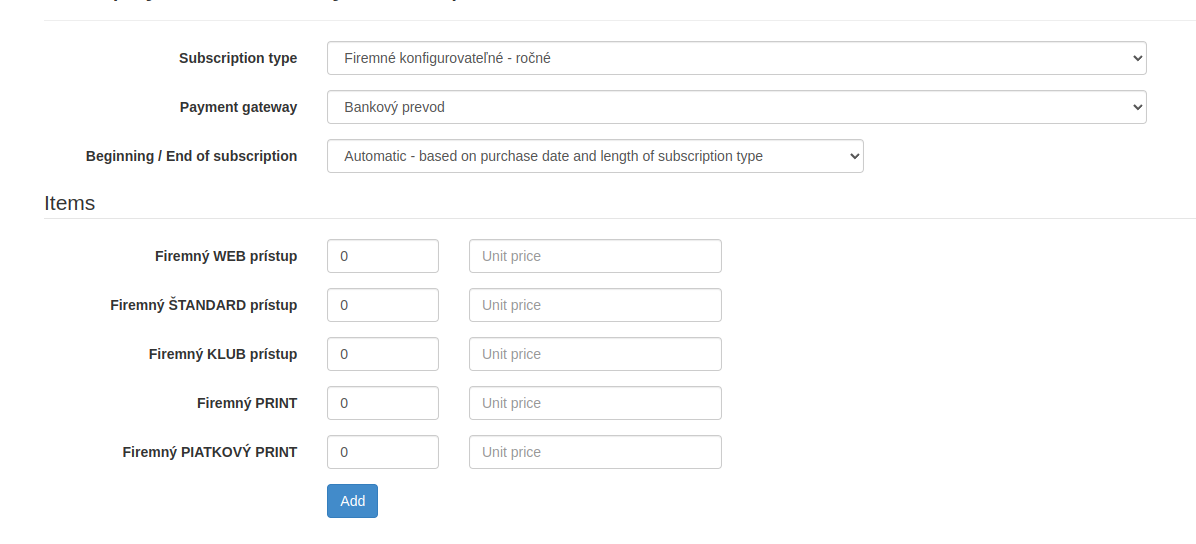 Admin form with customizable options