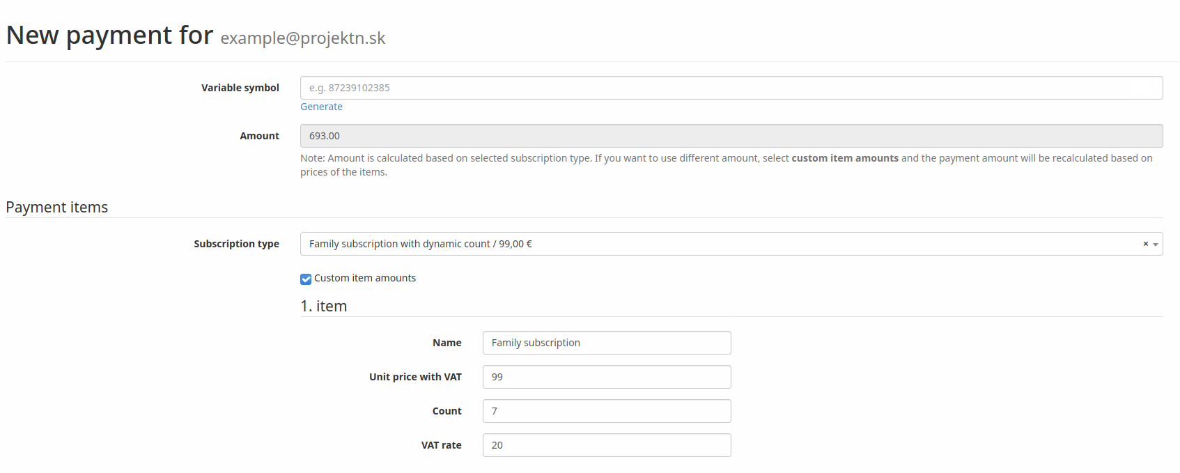 Custom payment item setting for dynamic family subscription type