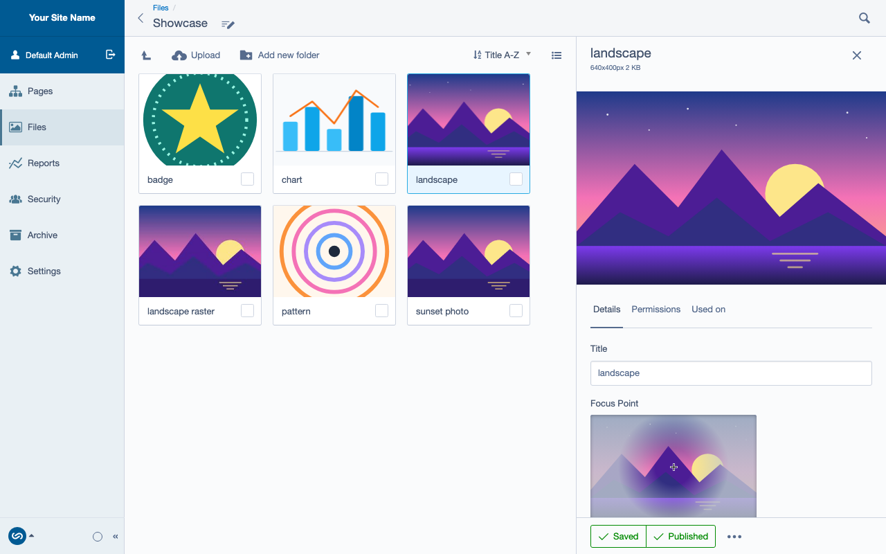 The Files section of the Silverstripe CMS showing SVG drawings and raster images side by side as thumbnails, with an SVG open in the file editor, 640x400px