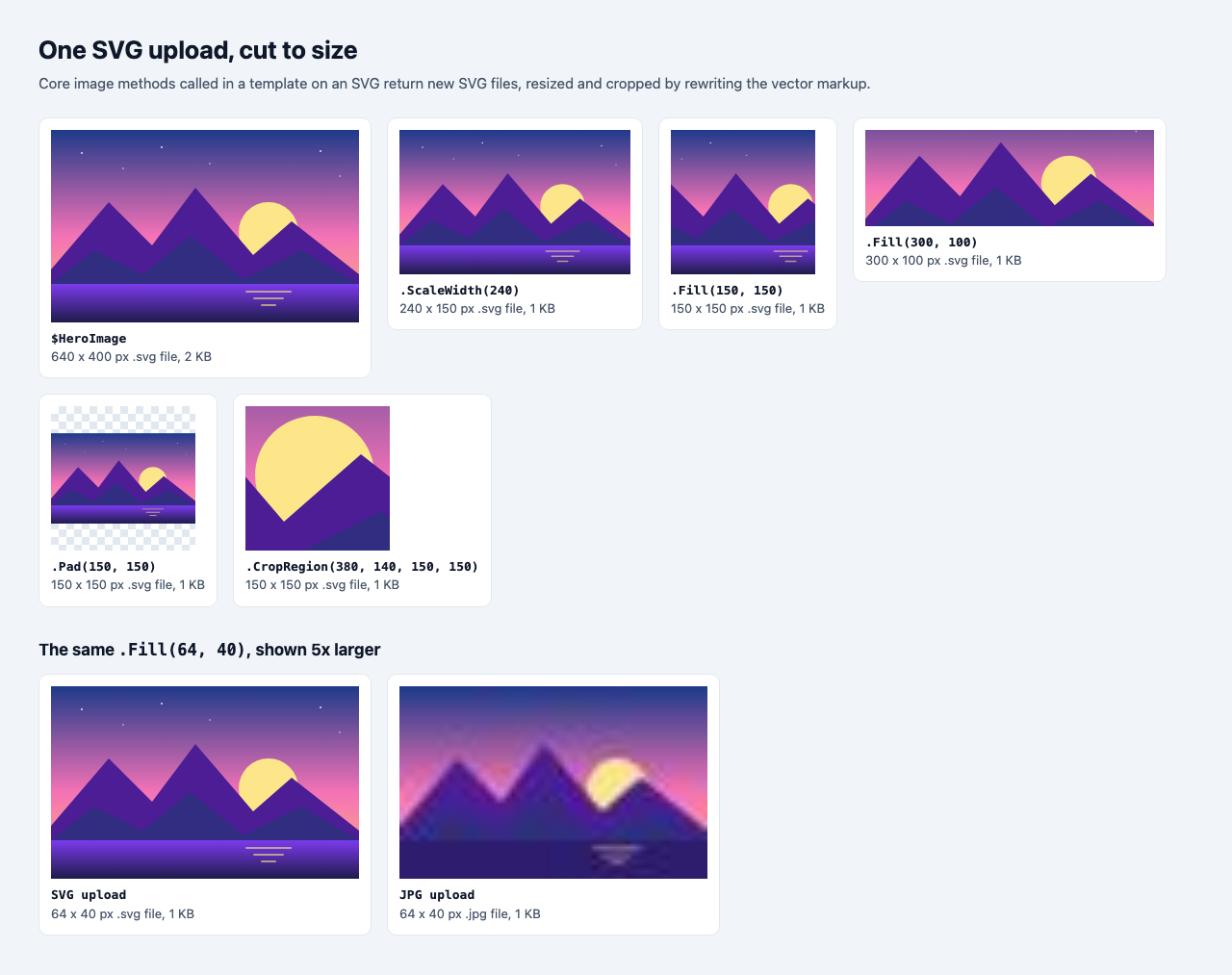 A front-end page showing one SVG upload and its ScaleWidth, Fill, Pad and CropRegion variants, each an SVG file at its own size, and a 64 x 40 Fill of the SVG and of a JPG shown five times larger: the SVG stays sharp, the JPG is blurred