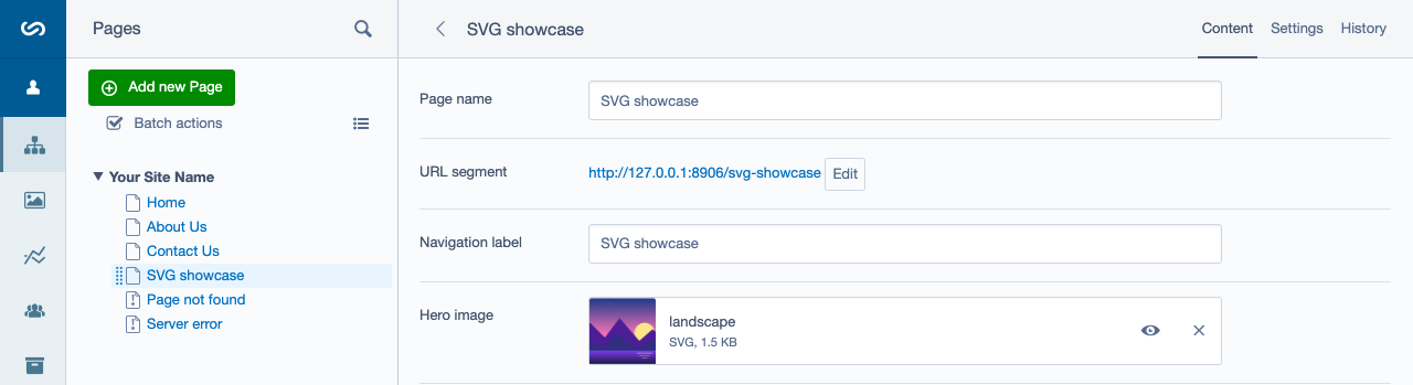 A page edit form in the Silverstripe CMS with a Hero image upload field holding an SVG, shown with its thumbnail and "SVG, 1.5 KB"