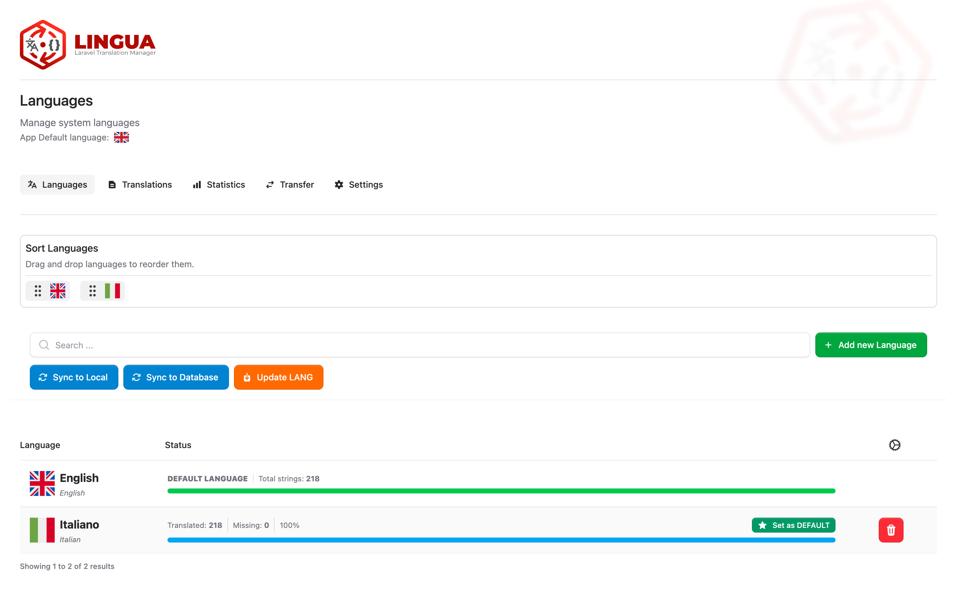 Lingua Languages page — manage installed locales with per-language translation coverage bars