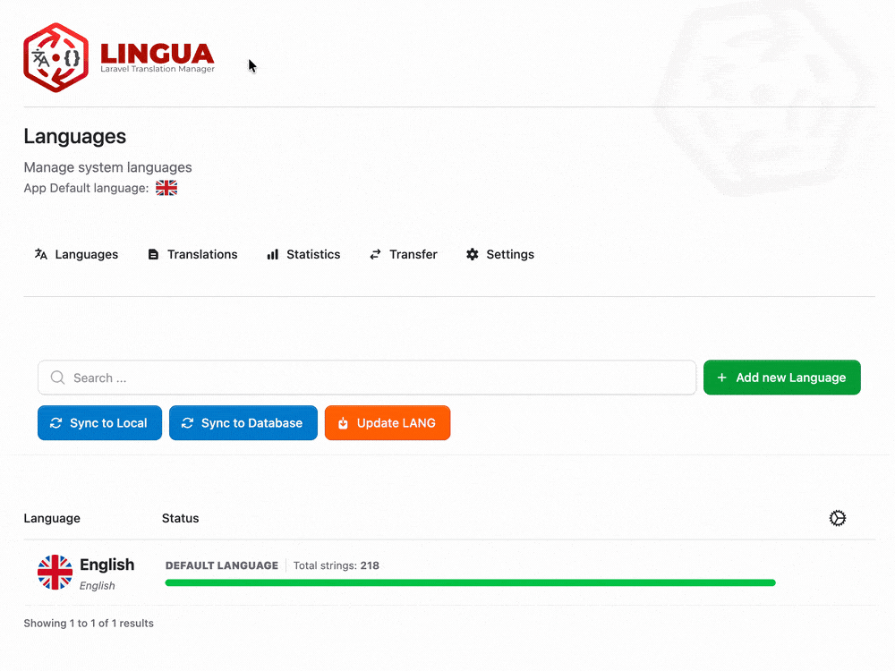Lingua in action — add a language, edit a translation, reorder languages, and track coverage from the Livewire admin UI