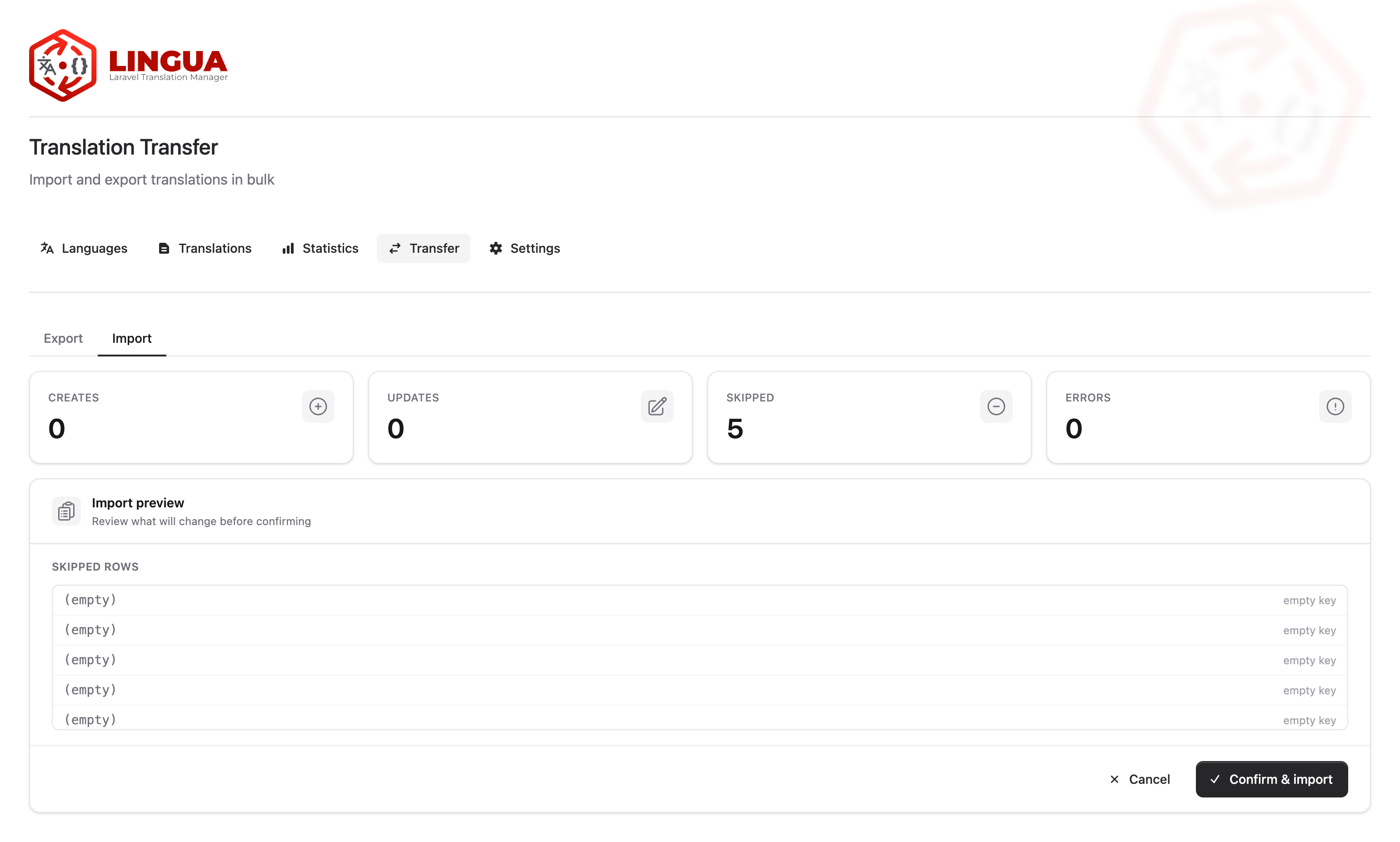 Lingua import dry-run preview — create, update, skip and error counts with a row-by-row diff before committing